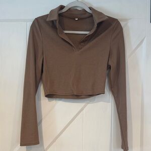 Brown Long Sleeve Collared Women's Top